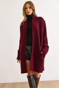 Olalook Women's Burgundy Pocket Collar Detailed Soft Textured Knitwear Cardigan