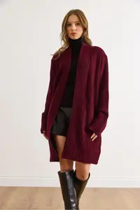 Olalook Women's Burgundy Pocket Collar Detailed Soft Textured Knitwear Cardigan - Image 2