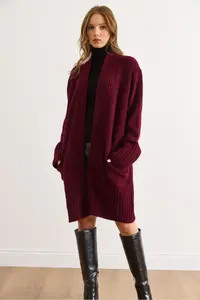 Olalook Women's Burgundy Pocket Collar Detailed Soft Textured Knitwear Cardigan - Image 3
