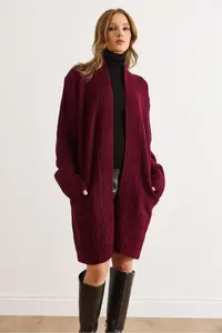 Olalook Women's Burgundy Pocket Collar Detailed Soft Textured Knitwear Cardigan - Image 4
