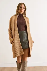 Olalook Women's Camel Pocket Collar Detailed Soft Textured Knitwear Cardigan - Image 2