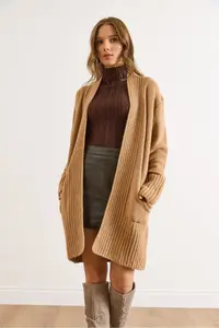 Olalook Women's Camel Pocket Collar Detailed Soft Textured Knitwear Cardigan - Image 3