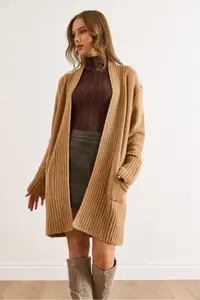 Olalook Women's Camel Pocket Collar Detailed Soft Textured Knitwear Cardigan - Image 4