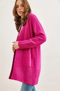 Olalook Women's Fuchsia Pocket Collar Detailed Soft Textured Knitwear Cardigan