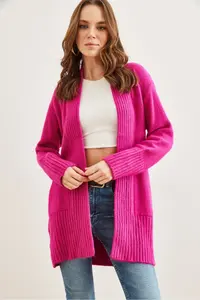 Olalook Women's Fuchsia Pocket Collar Detailed Soft Textured Knitwear Cardigan - Image 2