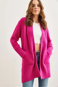 Olalook Women's Fuchsia Pocket Collar Detailed Soft Textured Knitwear Cardigan - Image 3
