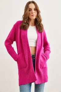 Olalook Women's Fuchsia Pocket Collar Detailed Soft Textured Knitwear Cardigan - Image 4