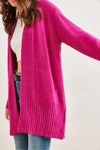 Olalook Women's Fuchsia Pocket Collar Detailed Soft Textured Knitwear Cardigan - Image 5