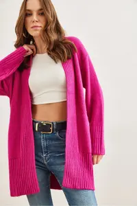 Olalook Women's Fuchsia Pocket Collar Detailed Soft Textured Knitwear Cardigan - Image 6