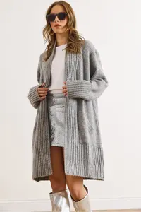 Olalook Women's Gray Pocket Collar Detailed Soft Textured Knitwear Cardigan