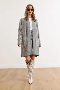 Olalook Women's Gray Pocket Collar Detailed Soft Textured Knitwear Cardigan - Image 2