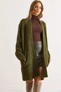Olalook Women's Khaki Pocket Collar Detailed Soft Textured Knitwear Cardigan