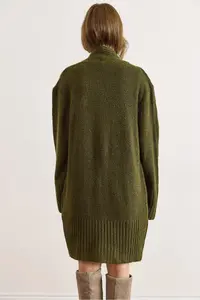 Olalook Women's Khaki Pocket Collar Detailed Soft Textured Knitwear Cardigan - Image 2
