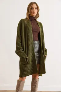 Olalook Women's Khaki Pocket Collar Detailed Soft Textured Knitwear Cardigan - Image 4
