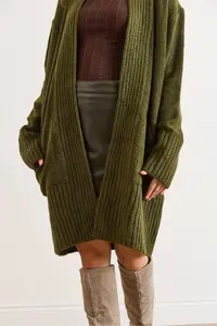 Olalook Women's Khaki Pocket Collar Detailed Soft Textured Knitwear Cardigan - Image 5