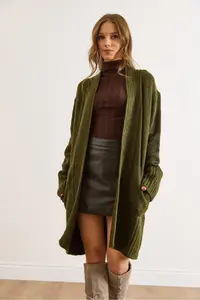 Olalook Women's Khaki Pocket Collar Detailed Soft Textured Knitwear Cardigan - Image 6