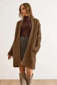 Olalook Women's Mink Pocket Collar Detailed Soft Textured Knitwear Cardigan