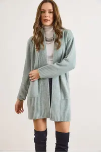 Olalook Women's Mint Green Pocket Collar Detailed Soft Textured Knitwear Cardigan