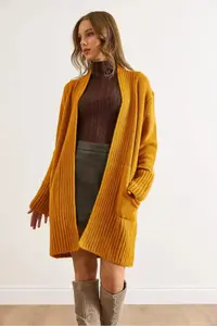 Olalook Women's Mustard Pocket Collar Detailed Soft Textured Knitwear Cardigan - Image 2