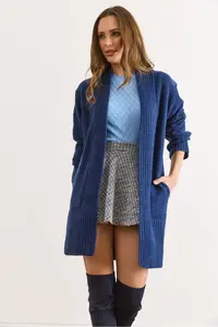 Olalook Women's Navy Blue Pocket Collar Detailed Soft Textured Knitwear Cardigan - Image 2