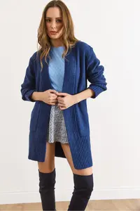 Olalook Women's Navy Blue Pocket Collar Detailed Soft Textured Knitwear Cardigan - Image 6