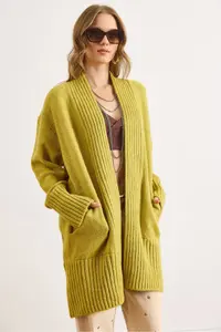 Olalook Women's Oil Green Pocket Collar Detailed Soft Textured Knitwear Cardigan - Image 2
