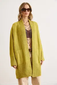 Olalook Women's Oil Green Pocket Collar Detailed Soft Textured Knitwear Cardigan - Image 6