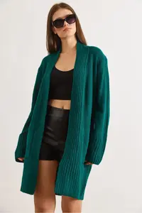 Olalook Women's Petrol Green Pocket Collar Detailed Soft Textured Knitwear Cardigan