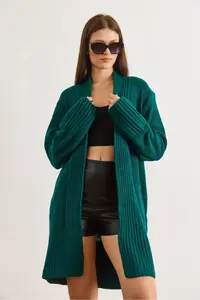 Olalook Women's Petrol Green Pocket Collar Detailed Soft Textured Knitwear Cardigan - Image 2