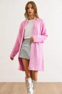 Olalook Women's Pink Pocket Collar Detailed Soft Textured Knitwear Cardigan