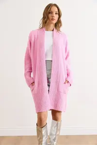 Olalook Women's Pink Pocket Collar Detailed Soft Textured Knitwear Cardigan - Image 2