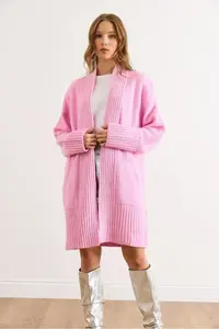 Olalook Women's Pink Pocket Collar Detailed Soft Textured Knitwear Cardigan - Image 3