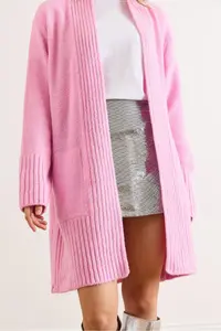 Olalook Women's Pink Pocket Collar Detailed Soft Textured Knitwear Cardigan - Image 5