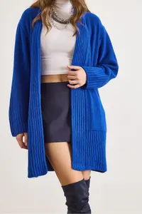 Olalook Women's Saks Blue Pocket Collar Detailed Soft Textured Knitwear Cardigan - Image 4