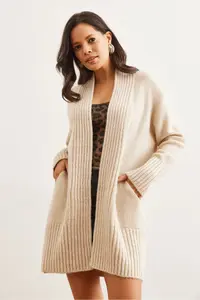 Olalook Women's Stone Pocket Collar Detailed Soft Textured Knitwear Cardigan - Image 2