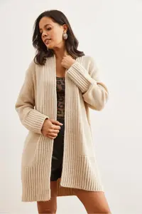 Olalook Women's Stone Pocket Collar Detailed Soft Textured Knitwear Cardigan - Image 5