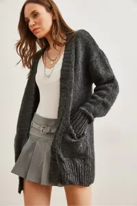 Olalook Women's Anthracite Pocket Soft Textured Knitwear Cardigan