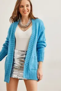 Olalook Women's Blue Pocket Soft Textured Knitwear Cardigan