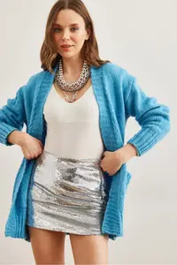 Olalook Women's Blue Pocket Soft Textured Knitwear Cardigan - Image 2