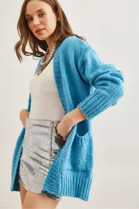 Olalook Women's Blue Pocket Soft Textured Knitwear Cardigan - Image 3