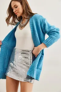 Olalook Women's Blue Pocket Soft Textured Knitwear Cardigan - Image 4
