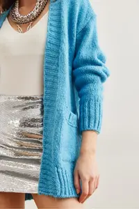 Olalook Women's Blue Pocket Soft Textured Knitwear Cardigan - Image 5