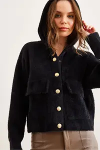 Olalook Women's Black Hooded Soft Textured Thick Beard Cardigan with Pockets