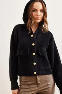 Olalook Women's Black Hooded Soft Textured Thick Beard Cardigan with Pockets - Image 2