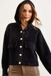 Olalook Women's Black Hooded Soft Textured Thick Beard Cardigan with Pockets - Image 3