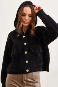 Olalook Women's Black Hooded Soft Textured Thick Beard Cardigan with Pockets - Image 4