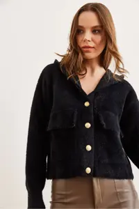 Olalook Women's Black Hooded Soft Textured Thick Beard Cardigan with Pockets - Image 5