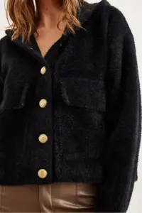 Olalook Women's Black Hooded Soft Textured Thick Beard Cardigan with Pockets - Image 6