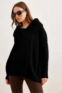 Olalook Women's Black Wrap Collar Buttoned Knitwear Cardigan - Image 2
