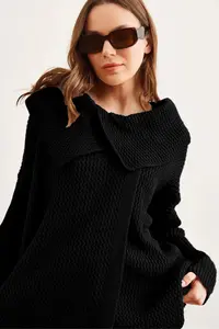 Olalook Women's Black Wrap Collar Buttoned Knitwear Cardigan - Image 3